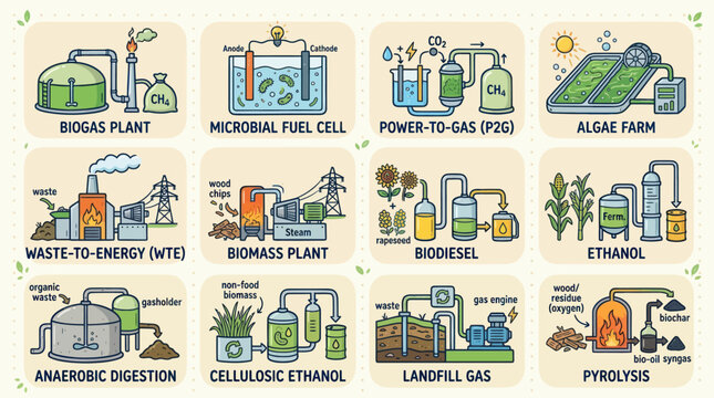 Icons for sustainable energy production and biofuel technology types.
