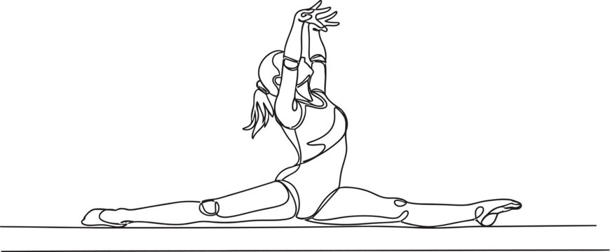 Graceful gymnast performing a split splitleg pose with arms reaching upwards in continuous line art