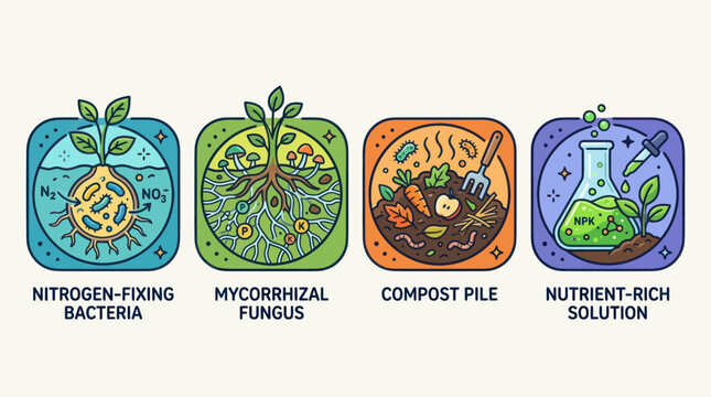 Icons of soil microbiology and organic nutrient solutions for farming.