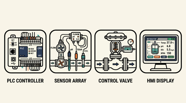 Industrial automation and control system components vector icons.
