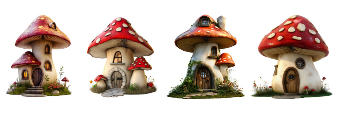 Mushroom houses set, whimsical fantasy toadstool fairy cottages isolated on white background