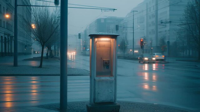 Illuminated phone booth standing on a wet pavement in a deserted city street, cars passing in the background, creating a moody atmosphere with reflections on the asphalt