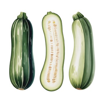 Three fresh green zucchini squashes including one whole and one sliced lengthwise on white background