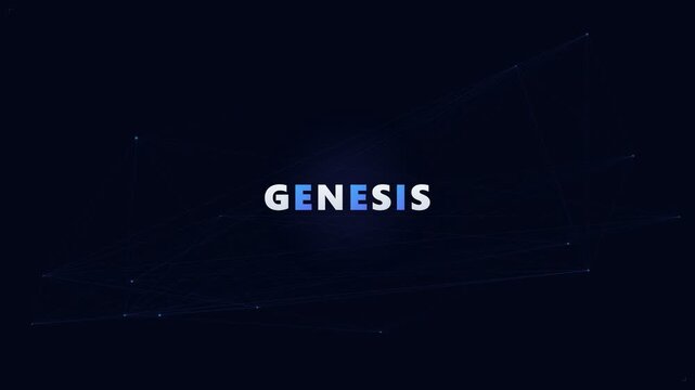 Stylized 'GENESIS' text within a dynamic digital mesh, portraying the intricate formation of interconnected systems and the origin of complex data networks