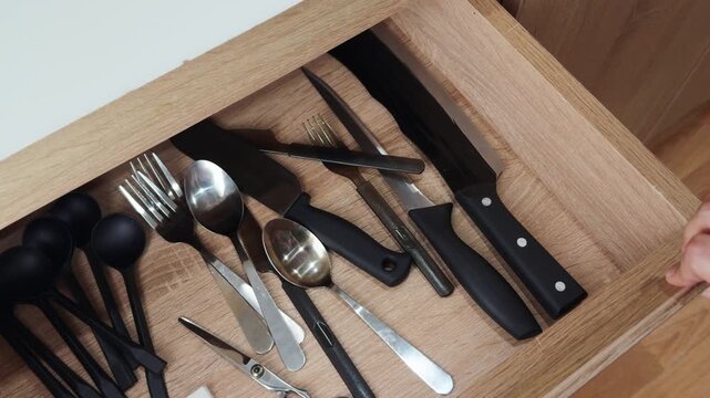 Hand reaching for utensils in open kitchen drawer showing an assortment of silverware, knives, forks, spoons, and kitchen tools stored in a wooden organizer, promoting home organization and cooking