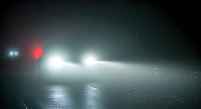Car headlights shining through rain at night