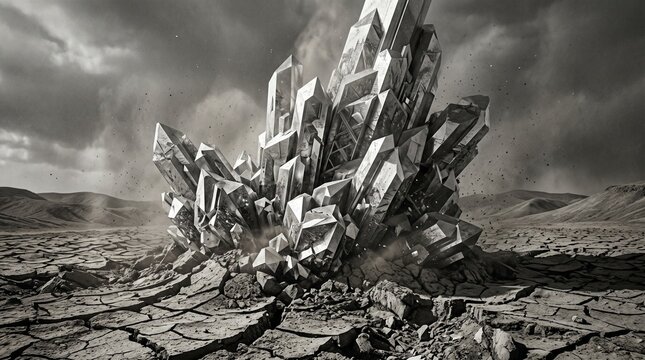 Crystal formation erupts from the cracked desert earth under a stormy monochrome sky filled with swirling dust clouds.