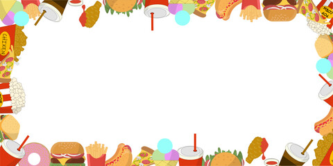 Fototapeta premium Fast Food Border Frame with Cartoon Snacks and Copy Space. Ideal for menus, flyers, restaurant posters, invitations, social media banners and food-themed templates.