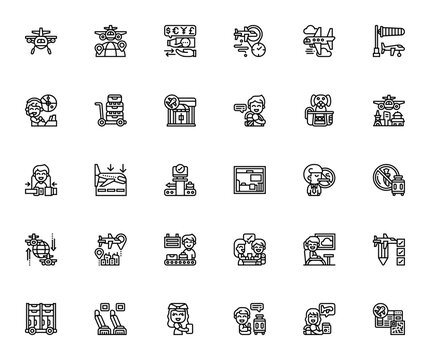 Airport icon set. Minimal thin line vector icons. Featuring aircraft, international, currency exchange, time, passenger, passport, boarding pass, luggage, flight attendant and more.