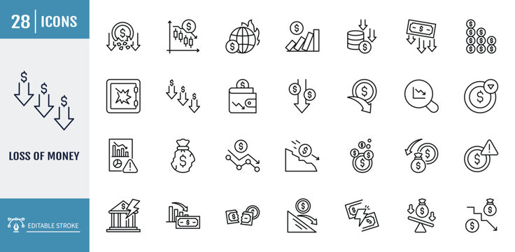 	
Loss of money icon set. including lose money, bankruptcy, downturn, crisis, and more. outline icon set. vector illustration with editable stroke