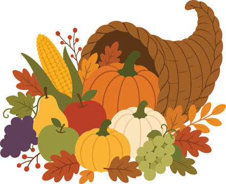 Cornucopia of Autumn Harvest: A bountiful cornucopia overflowing with seasonal delights, featuring pumpkins, squash, apples, grapes, and corn, adorned with colorful fall leaves.