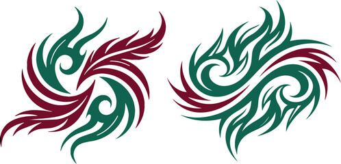 Fototapeta premium Tribal flame tattoo design set. Abstract swirl sharp patterns in green and maroon colors