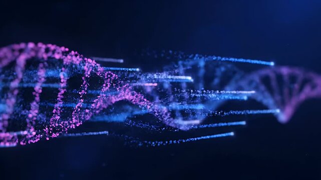 dna helix particle animation showing genetic structure on a dark blue background glow