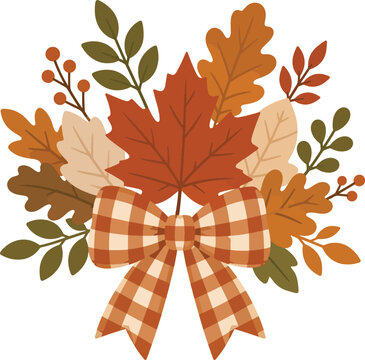 Autumn Leaf Arrangement with Bow: A festive arrangement of colorful autumn leaves in shades of red, orange, and brown, adorned with a plaid bow, evoking the spirit of fall harvest and cozy season.