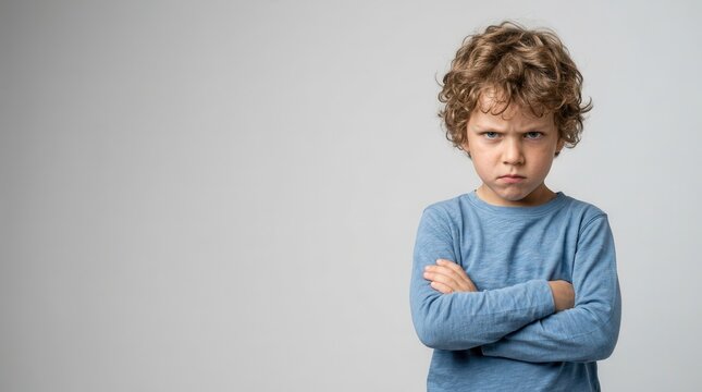 Angry little boy with a furious expression and crossed arms on a plain background.
