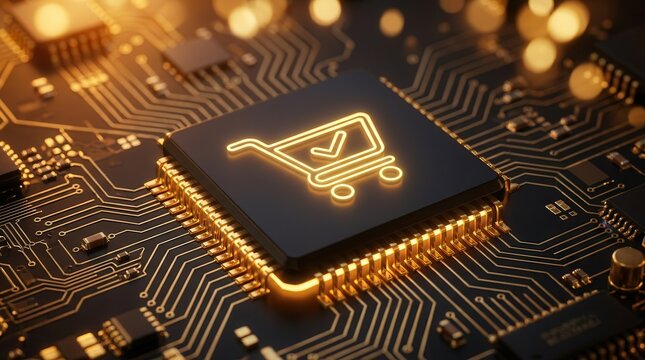 Golden shopping cart icon glowing on a microchip for e-commerce conversion rate optimization.