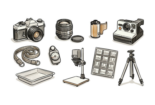 Sketch and Ink Wash Camera and Photography Equipment Clipart Set, Hand Drawn Vintage Film Photography Illustration Collection with SLR Camera, Prime Lens, Film Roll, Instant Camera, Camera Strap, 