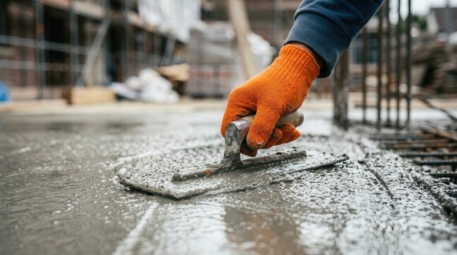 A construction worker using a trowel to smooth wet concrete for floor leveling and repair.