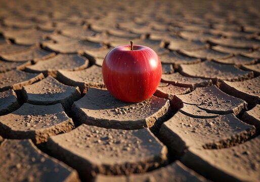 A single red apple resting on parched and cracked earth