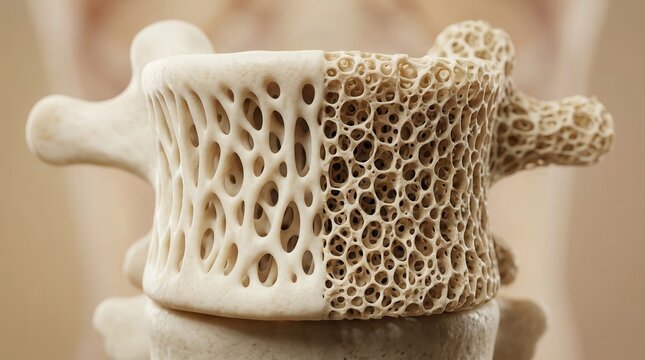 Close-up illustration showing the difference between healthy and osteoporotic vertebra with porous bone structure.