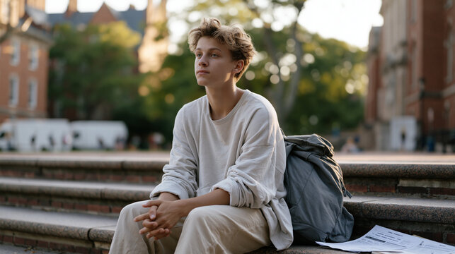 College freshman sitting alone on campus steps with overstuffed backpack and printed course schedule, anxious expression reflecting back-to-school nerves, brick academic buildings and moving vans vi