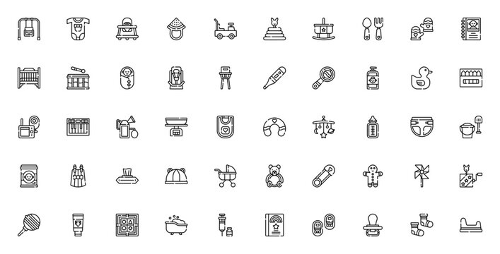 Baby icon set. Minimalist icons pack. Vector illustration. Featuring swing, onesie, baby walker, teether, toy car, cradle, baby rattle and more. Editable vector stroke.