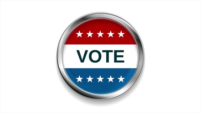 Abstract design of shiny metallic circle vote badge pin for American presidential election campaign. USA flag colors motion background. Video animation Ultra HD 4K 3840x2160