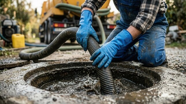 Professional worker using a hose and blue gloves to extract sewage from a septic tank opening.