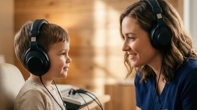 A child wearing headphones undergoes a hearing screening with a clinician for early intervention.