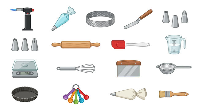 Baking tools and kitchen utensils.