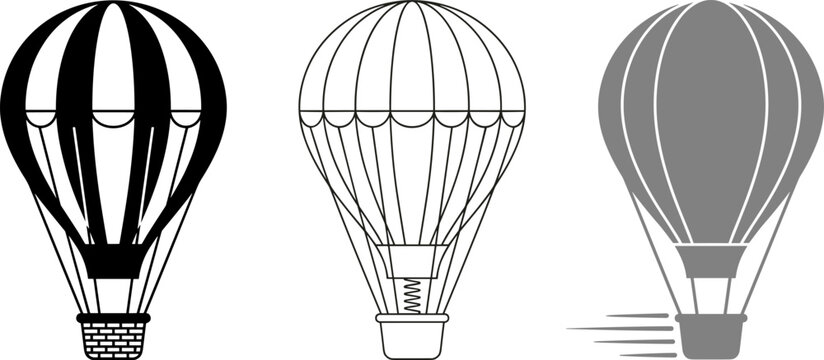 Vector set of three hot air balloon icons in different graphic styles including black silhouette outline art and flat grey design