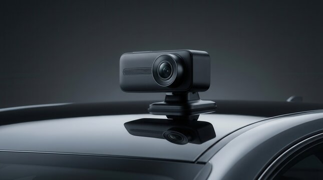 A compact dash cam mounted on a car roof for vehicle recording and safety monitoring.