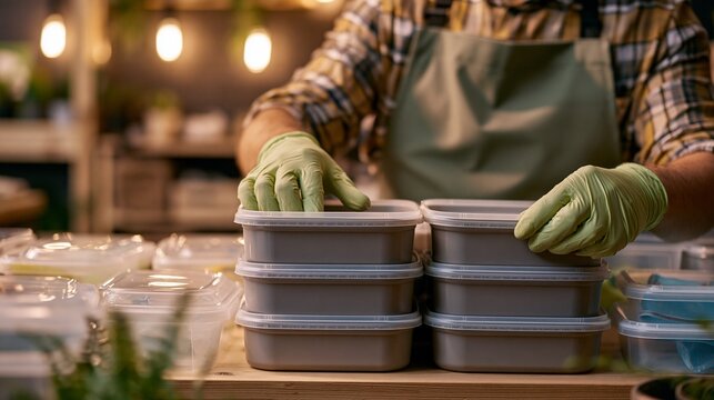 Medium shot of a worker in apron and gloves sorting plastic containers against a blurred backroom highlighting sustainable waste management in a zerowaste caf&Atilde;&copy; warm indoor