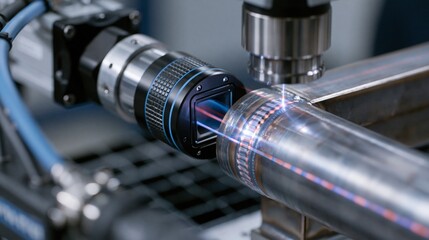 Naklejka premium Medium shot focusing on cameras analyzing weld seams on metallic structures ensuring quality and consistency in automated factory inspection.