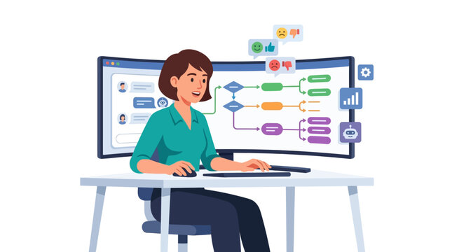 Female Developer Creating AI Chatbot Workflow and Customer Service Automation Logic on Dual Monitors Illustration