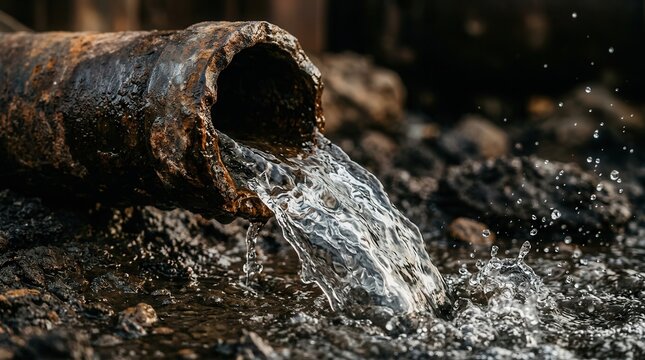 Water discharging from a rusted metal pipe onto soil to illustrate erosion control challenges.