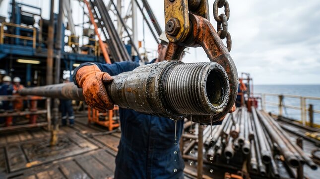 Offshore worker handling a drill pipe joint during deep water well drilling operations.