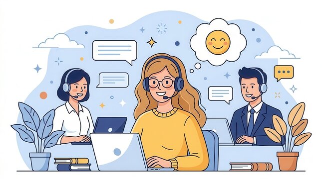 Customer experience agent with headset and laptop symbolizing remote support and outsourced service.
