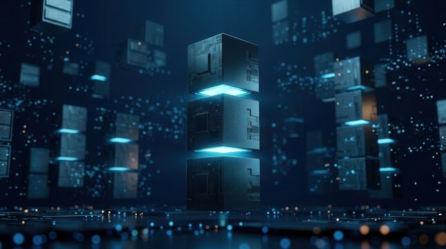 Glowing stack of server blocks representing database migration and data flow.
