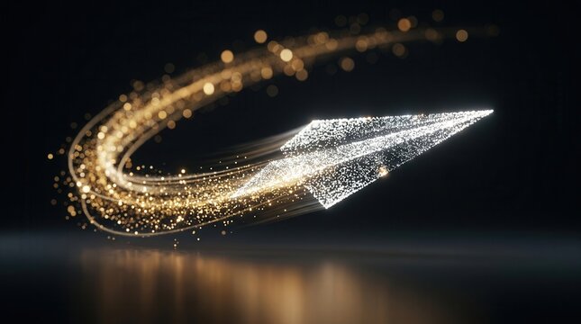 Paper arrow composed of light particles moving forward to symbolize directional transformation.