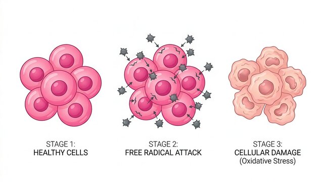 Diagram illustrating the process of oxidative stress and free radicals attacking cells.
