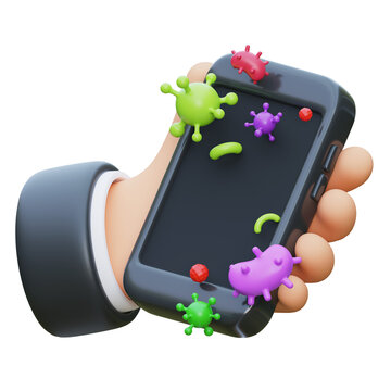 3D illustration of a hand holding a dirty smartphone covered in bacteria and viruses
