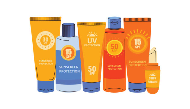 Sunscreen protection products collection in flat doodle style vector illustration. SPF cream tubes, sunblock bottles and UV protection cosmetics isolated on light background. Summer skincare accessori