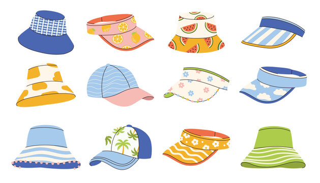 Set of colored summer hats, caps in a cartoon style. Vector illustration of stylish beach hats with different designs. 