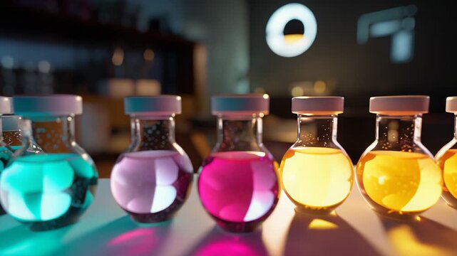 Row of glass vials filled with vibrant liquid chemicals, undergoing scientific research and discovery in a modern laboratory setting for healthcare and medicine advancements