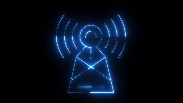 Blue neon transmitter tower animation emitting glowing radio waves on a black background, wireless technology, digital signal, network, or communication