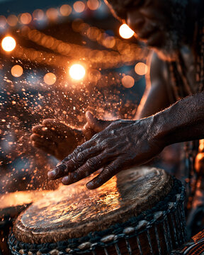 Senior musician hands playing djembe drum closely at African festival. Golden water splashes, authentic cultural performance with bokeh night lights, selective focus