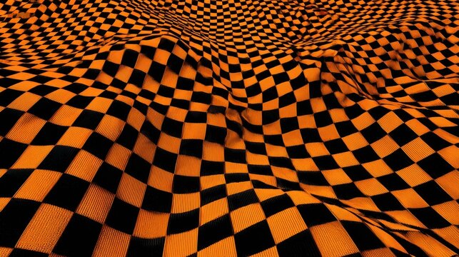 Abstract checkerboard pattern with orange and black colors creating a wavy effect