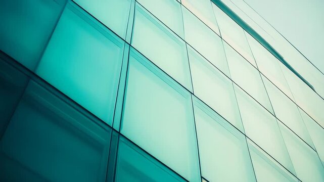 Glass panels forming geometric grid on a contemporary building exterior, reflecting teal and aqua hues with clean lines, diagonal perspective and sleek architectural detail