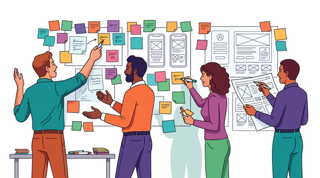 Diverse Creative Team Collaborating on UI UX Design with Wireframes and Sticky Notes in Agile Workspace Illustration
